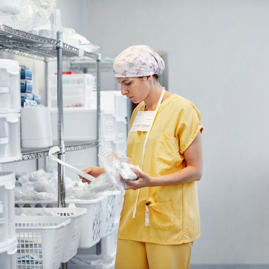 sanitary products nurse in yellow scrubs